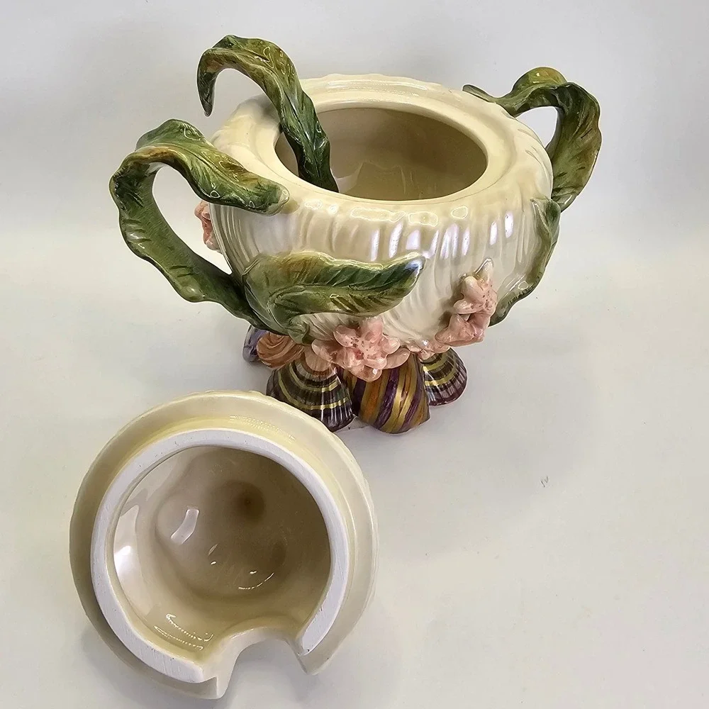 Fitz & Floyd Classics Seashell Covered Sugar Bowl w Spoon Coral Shell Vintage